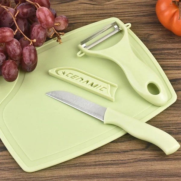 Plastic Kitchen Peeler - Green & Classic Stainless Steel 3 - Piece Knife Set Combo - Justgrabit Inc.