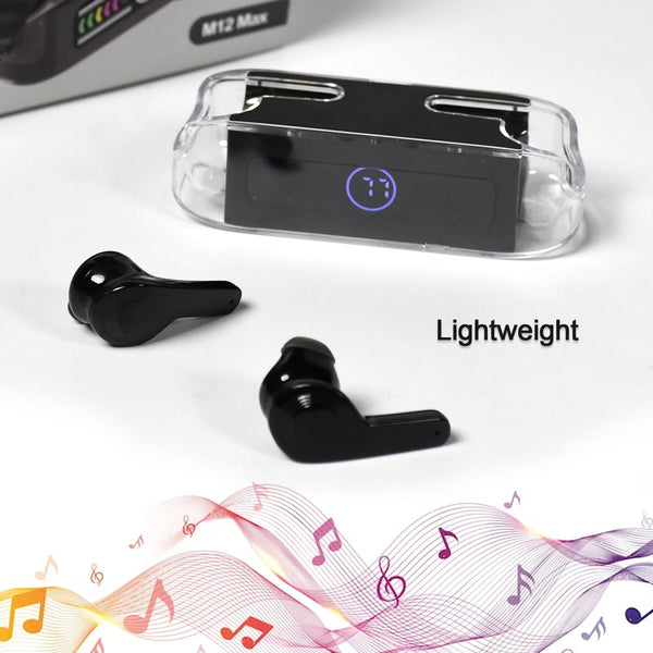 M12 Max Wireless Earbuds, Black Touch Control Bluetooth - justgrabit.in | Just Grab It