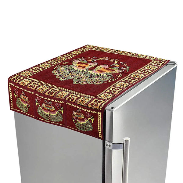 Cotton Fridge Top Cover Set - Standard, Appliance Covers Fridge Dustproof Cover with Peacock Deign 6 Utility Side Pockets Fridge Cover For All types Fridge Refrigerator Use (100x60CM) - Justgrabit Inc.