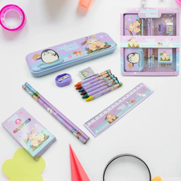 Stationery Kit for Kids - Metal Pencil Box, Sharpener, Pencil & Eraser (12 Pc Set) - justgrabit.in | Just Grab It