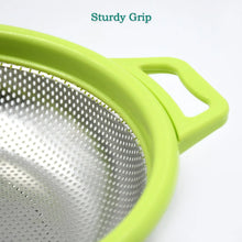 Stainless Steel Colander with Handle, Large Metal Green Strainer for Pasta, Spaghetti, Berry, Veggies, Fruits, Kitchen Food Colander, Dishwasher Safe - justgrabit.in | Just Grab It