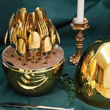 Premium Cutlery Set 24 Pcs with Oval Shaped Stand | Beautiful Stylish Oval Designed Cutlery Sets, Egg - Shaped Luxury Spoon Holder Set  (Golden / 24 pcs set) - Justgrabit Inc.