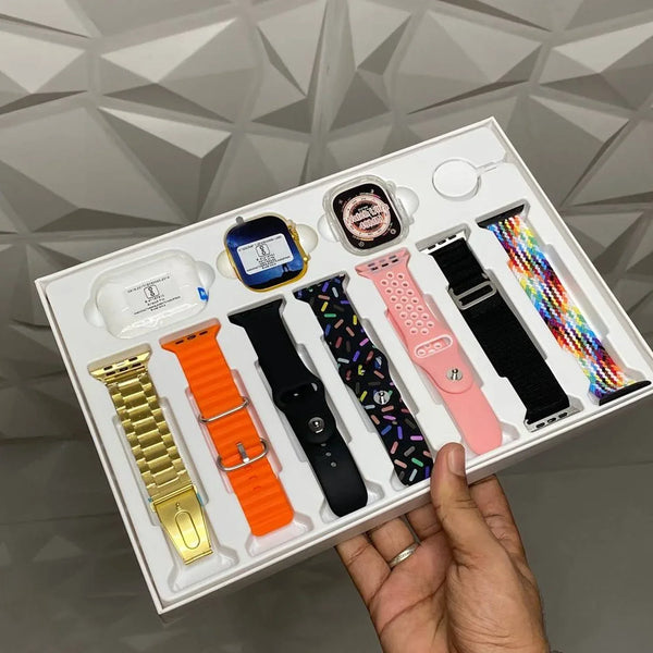 10 in 1 Set Ultra 2 Smart Bluetooth Calling Smart watch + Earphones with Transparent Screen Guard Watch with Seven Classic Straps (Mix Color) - justgrabit.in | Just Grab It