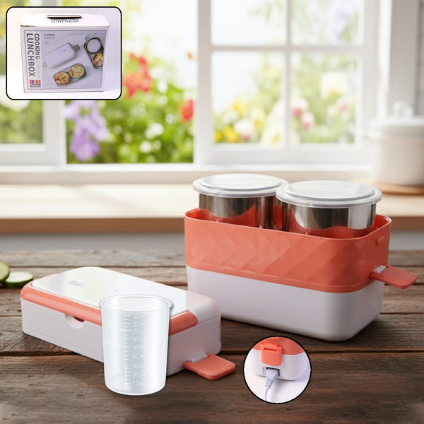 Electric Heated Lunch Box with Stainless Steel Inner Containers (1 Set) - justgrabit.in | Just Grab It