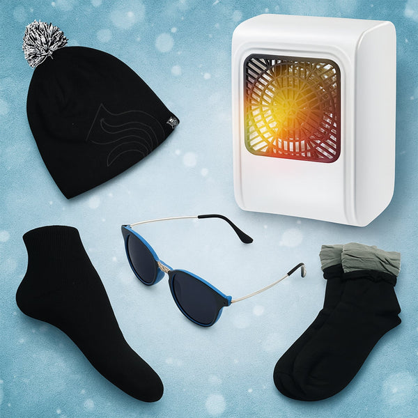 Winter Warm Set - Bennie hat, Room Heater, Sunglasses And Socks (5 Pcs Combo) - justgrabit.in | Just Grab It