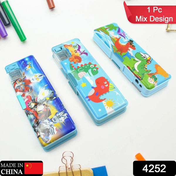 Plastic Multipurpose Compass Box – Double Deck Pencil Case with 2 Compartments & Cartoon Organizer (1 Pc, Mix Design) - Justgrabit Inc.