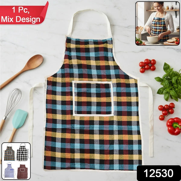 Cotton Checkered Kitchen Apron with Front Pocket (1 Pc) - justgrabit.in | Just Grab It