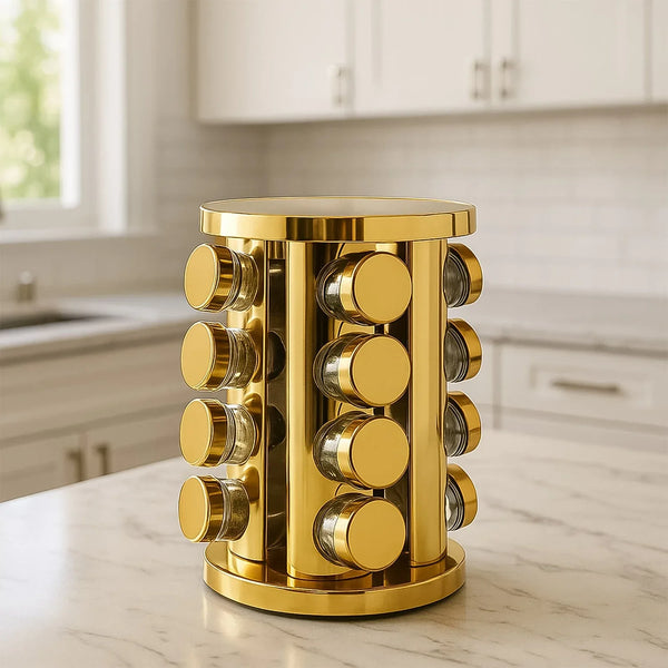 LED Spice Rack Organizer, Rotating Spice Rack with Free 16 Seasoning Jars, Revolving Tower Organizer Stainless Steel for Kitchen Storage (Golden / 16 Pc / MOQ - 6 pc) - Justgrabit Inc.
