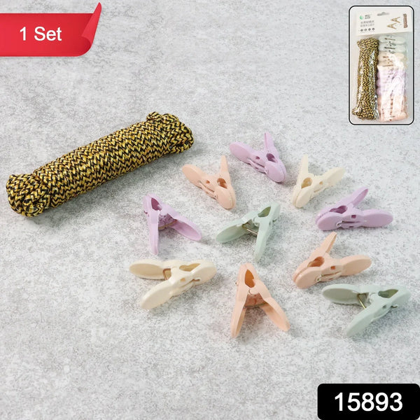 Clothes Drying Rope with Multipurpose Cloth Clips (1 Set) - justgrabit.in | Just Grab It