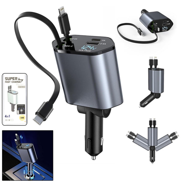 4 - in - 1 Super Fast Car Charger with Dual Built - In Cables, Dual USB Ports, - justgrabit.in | Just Grab It