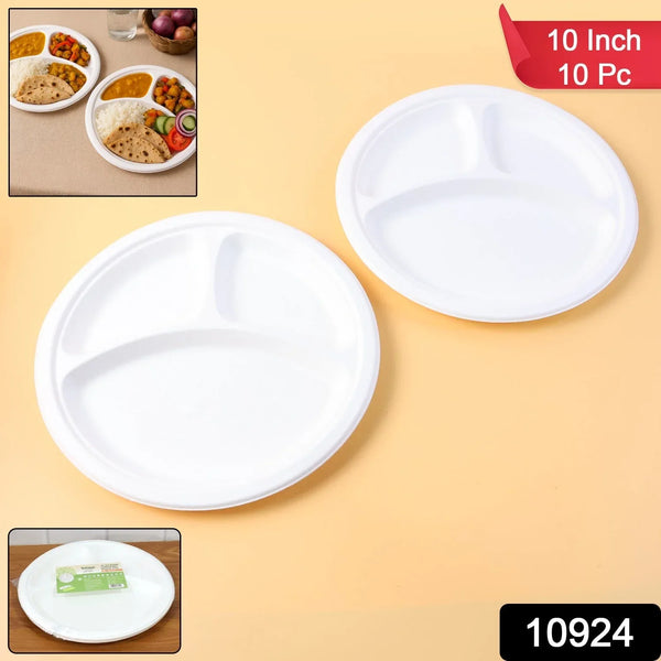 Freshee 10 Inch 3 - Compartment Round Compostable Bagasse Plate (10 Pc) - justgrabit.in | Just Grab It