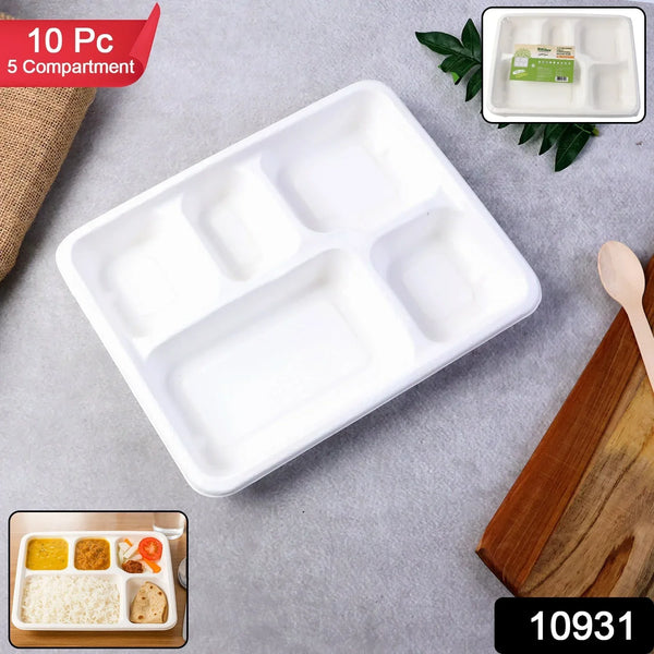 5 - Compartment Rectangle Lunch Compostable Bagasse Plate – 10 Pcs Pack - justgrabit.in | Just Grab It