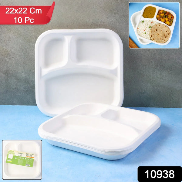 Compostable Bagasse 3 - Compartment Square Meal Plate - justgrabit.in | Just Grab It