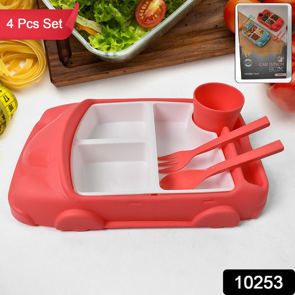 Kid's Car Shaped Plates Cup / Lunch Box Dinnerware (4 Pcs Set / 1000 ML Lunch Box) - justgrabit.in | Just Grab It