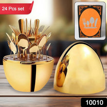 Premium Cutlery Set 24 Pcs with Oval Shaped Stand | Beautiful Stylish Oval Designed Cutlery Sets, Egg - Shaped Luxury Spoon Holder Set  (Golden / 24 pcs set) - Justgrabit Inc.