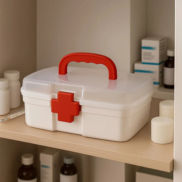 3 - Compartment First Aid Box - Portable Medicine Storage with Detachable Tray & Transparent Lid - Justgrabit Inc.