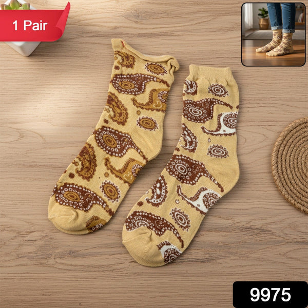 Beige Paisley Printed Fashion Socks (1 Pair) - justgrabit.in | Just Grab It