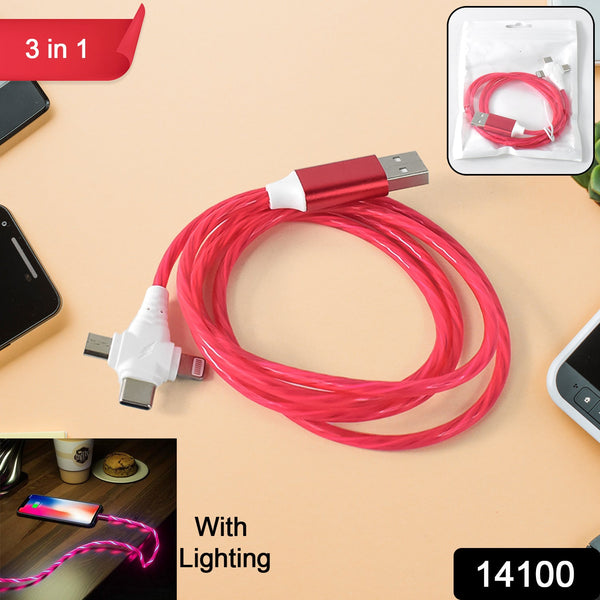 3 in 1 Charging Cable Light Up Fast Charger Lighting Cable (Mix Color) - justgrabit.in | Just Grab It