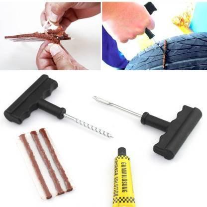 Puncture Repair Kit Tubeless Tyre Full Set with Nose Pliers, Rubber Cement and Extra Strips for Cars, Bikes - Justgrabit Inc.