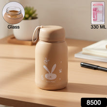 Cute Bunny Print Glass Drinking Brown Bottle (330ML / 1 Pc) - justgrabit.in | Just Grab It