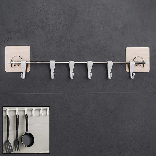 Stainless Steel Utensil Hanger Rail Nail Free Wall Mount with 2 Magic Stickers & 6 Plastic Hooks For Kitchen - Justgrabit Inc.