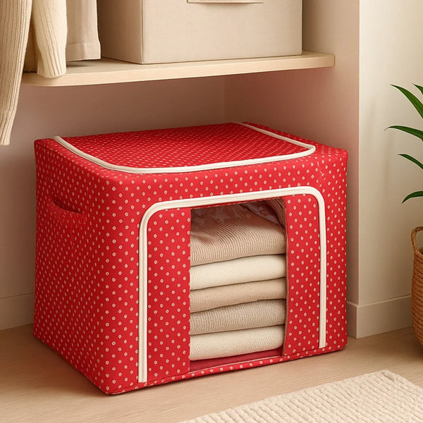 Foldable Steel Frame Clothes Living Storage Organizer Handled Bag 60cm X 43cm X 32cm (Mix Color) - justgrabit.in | Just Grab It