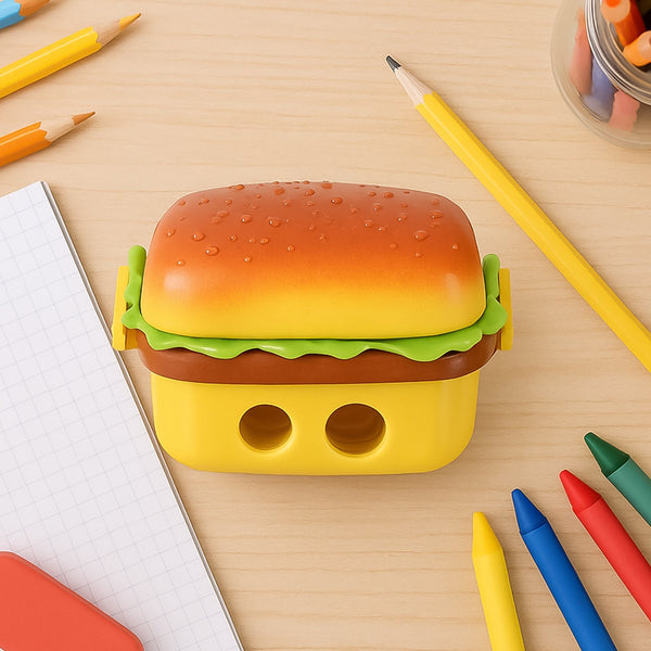 Plastic Burger Shape Small Size Double Hole Sharpener With Eraser (1 Set) - justgrabit.in | Just Grab It