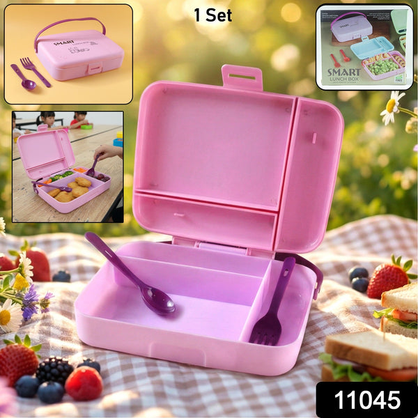 Smart Leak Proof Lunch Box with 3 Compartments and Spoon Set (1 Set) - justgrabit.in | Just Grab It