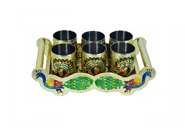 Peacock Design Glass with Handle and Handicraft Serving Tray Set - Justgrabit Inc.