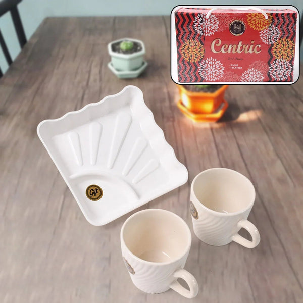 Cerntric Ceramic Tea Cup With Plastic Square Shape Serving Platter Milk Cup 3pc Set - Justgrabit Inc.