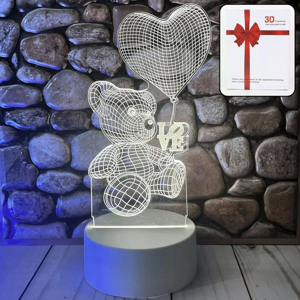3D Illusion LED Night Lamp with Teddy Bear Holding Heart Design - justgrabit.in | Just Grab It