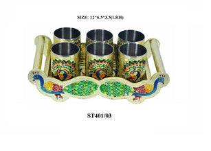 Peacock Design Glass with Handle and Handicraft Serving Tray Set - Justgrabit Inc.
