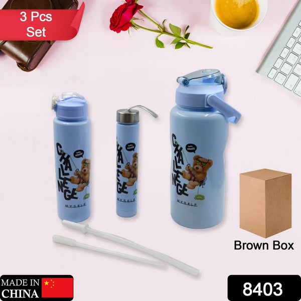 Plastic Water Bottle Set – BPA - Free, Leak - Proof, Cartoon Design for Kids & Gym (3 Pc Set) - justgrabit.in | Just Grab It