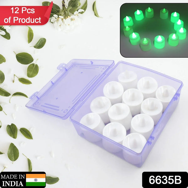 GREEN FLAMELESS LED TEALIGHTS, SMOKELESS PLASTIC DECORATIVE CANDLES - LED TEA LIGHT CANDLE FOR HOME DECORATION, Diwali (PACK OF 12) - justgrabit.in | Just Grab It