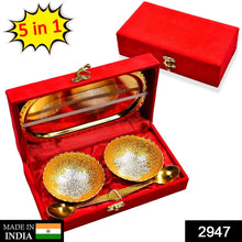 Gold Silver Plated 2 Bowl 2 Spoon Tray Set Brass with Red Velvet Gift Box Serving Dry Fruits Desserts Gift - Justgrabit Inc.