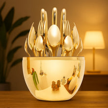 Premium Cutlery Set 24 Pcs with Oval Shaped Stand | Beautiful Stylish Oval Designed Cutlery Sets, Egg - Shaped Luxury Spoon Holder Set  (Golden / 24 pcs set) - Justgrabit Inc.
