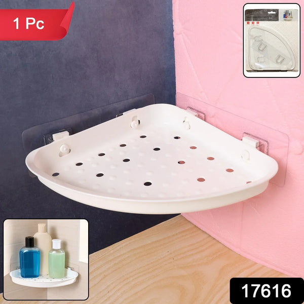 Self - Adhesive Corner Bathroom Shelf with Fast - Drain Holes (1 Pc) - justgrabit.in | Just Grab It