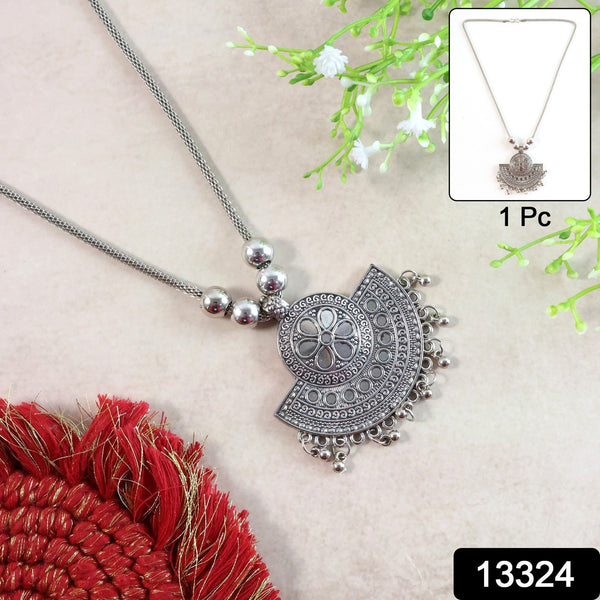 Oxidised Silver - Tone Traditional Long Necklace (1 Pc) - justgrabit.in | Just Grab It
