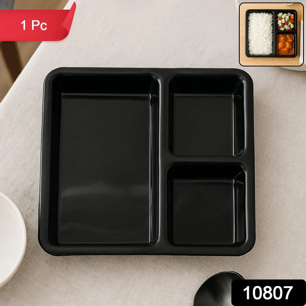 Plastic Multi - Compartment Meal Serving Tray – 3 - Section Rectangular Dining Plate (1 Pc / Black) - justgrabit.in | Just Grab It