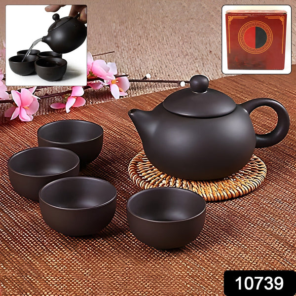 Premium Black Clay / Ceramic Tea Set with Teapot & 4 Cups - justgrabit.in | Just Grab It