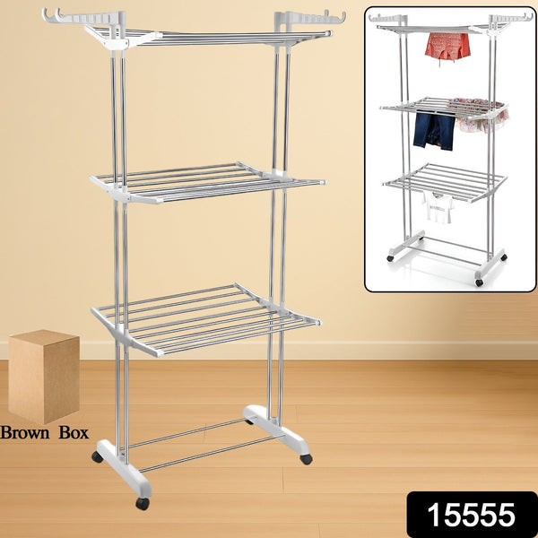 3 - Tier Foldable Stainless Steel Cloth Drying Stand with Wheels - justgrabit.in | Just Grab It