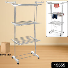 3 - Tier Foldable Stainless Steel Cloth Drying Stand with Wheels - justgrabit.in | Just Grab It