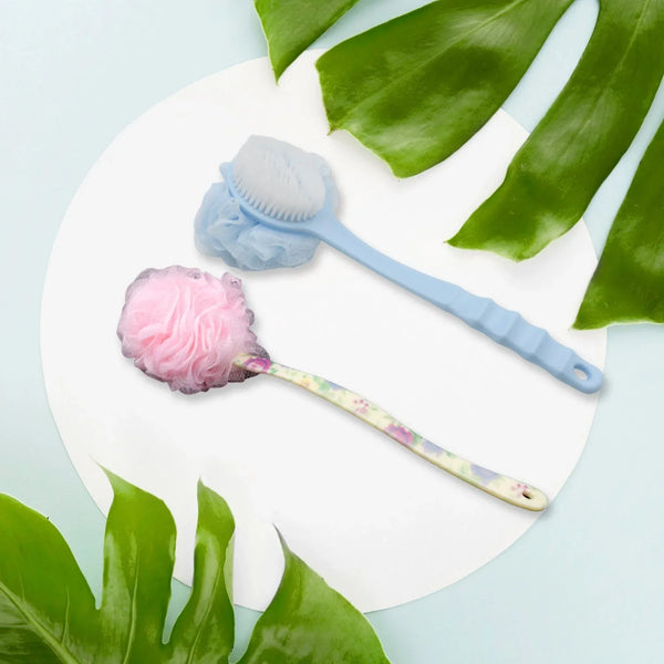 Long Handle Shower Puff Pouf Sponge Exfoliating Mesh Brush Scrubber,Bath Loofah Bath Scrubber for Body Shower Loofah Brushes, Body Bath Brush for Women and Men, Bathroom Shower Accessories (Mix 1 Pc) - justgrabit.in | Just Grab It