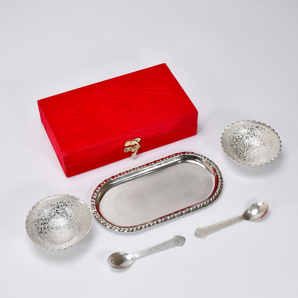 Silver - Plated Brass Bowl & Spoon Set with Velvet Gift Box - justgrabit.in | Just Grab It