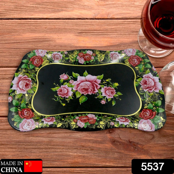 Stainless Steel Serving Tray With Flower Printed Rectangle Premium Dining Table Plate (18 x 8.5 Inch / 1 Pc) - Justgrabit Inc.