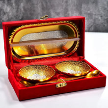 Gold Silver Plated 2 Bowl 2 Spoon Tray Set Brass with Red Velvet Gift Box Serving Dry Fruits Desserts Gift - Justgrabit Inc.