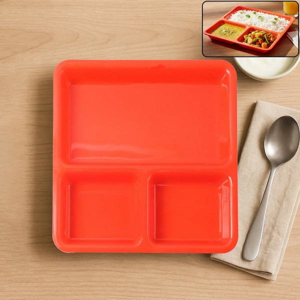 Plastic 3 - Compartment Rectangular Meal Serving Tray / Plates (1 Pc) - justgrabit.in | Just Grab It