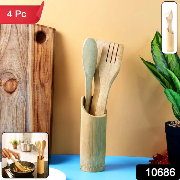Eco - Friendly Bamboo Spatula Set with Holder (4 Pc) - justgrabit.in | Just Grab It
