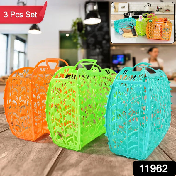 Plastic Foldable Basket Bag || Fruit & Vegetable Storage Basket (3 Pcs Set / Multicolor) - Justgrabit Inc.