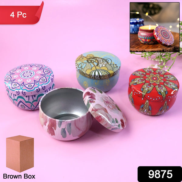 Premium Decorative Mandala Printed Metal Candle Container (4 Pc) - justgrabit.in | Just Grab It